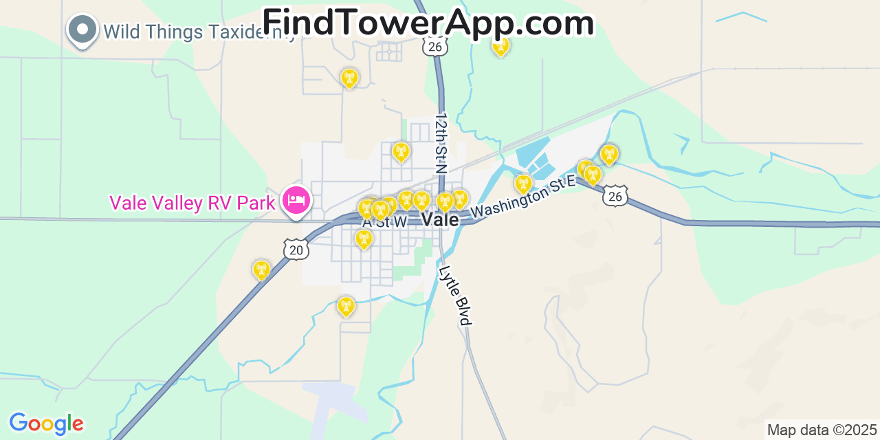 Map showing the 20 primary cell tower locations detected in Vale, Oregon from AT&T, Verizon, and T-Mobile networks