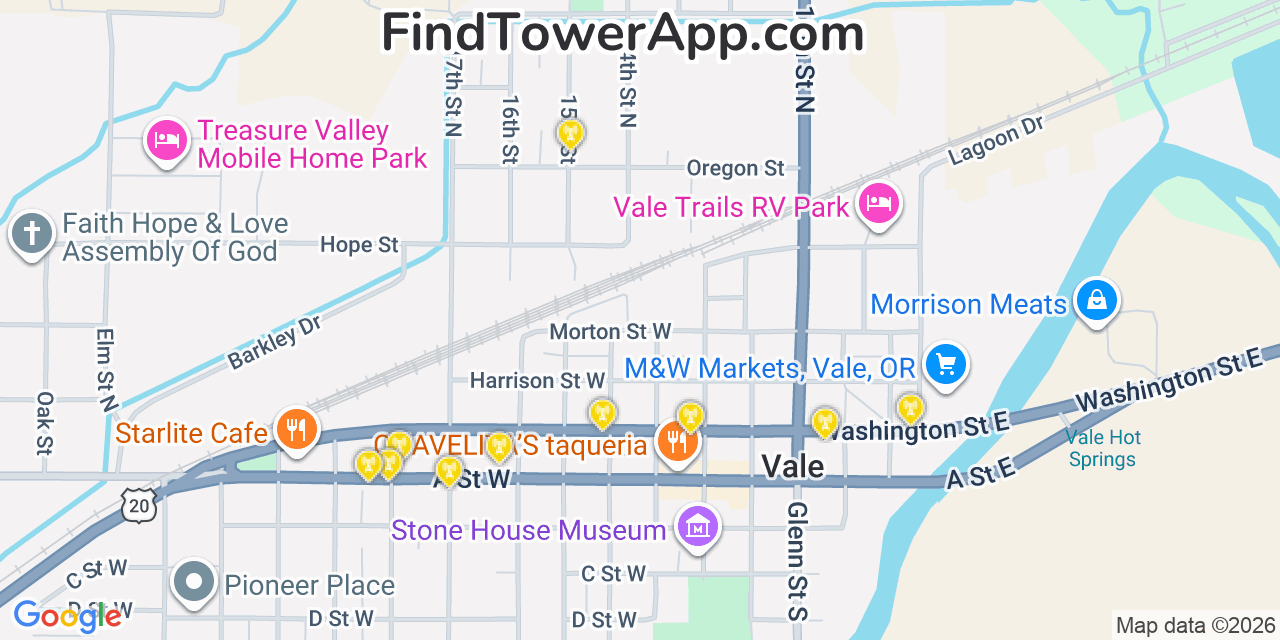 Map showing the 20 primary cell tower locations detected in Vale, Oregon from AT&T, Verizon, and T-Mobile networks
