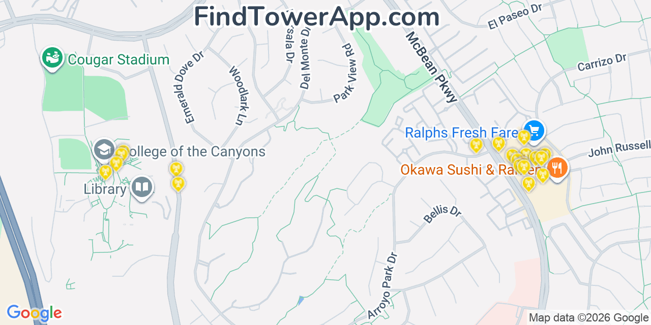 Map showing the 20 primary cell tower locations detected in Valencia, California from AT&T, Verizon, and T-Mobile networks