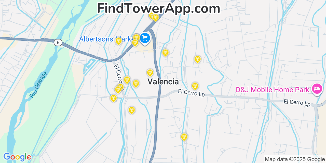 Map showing the 20 primary cell tower locations detected in Valencia, New Mexico from AT&T, Verizon, and T-Mobile networks