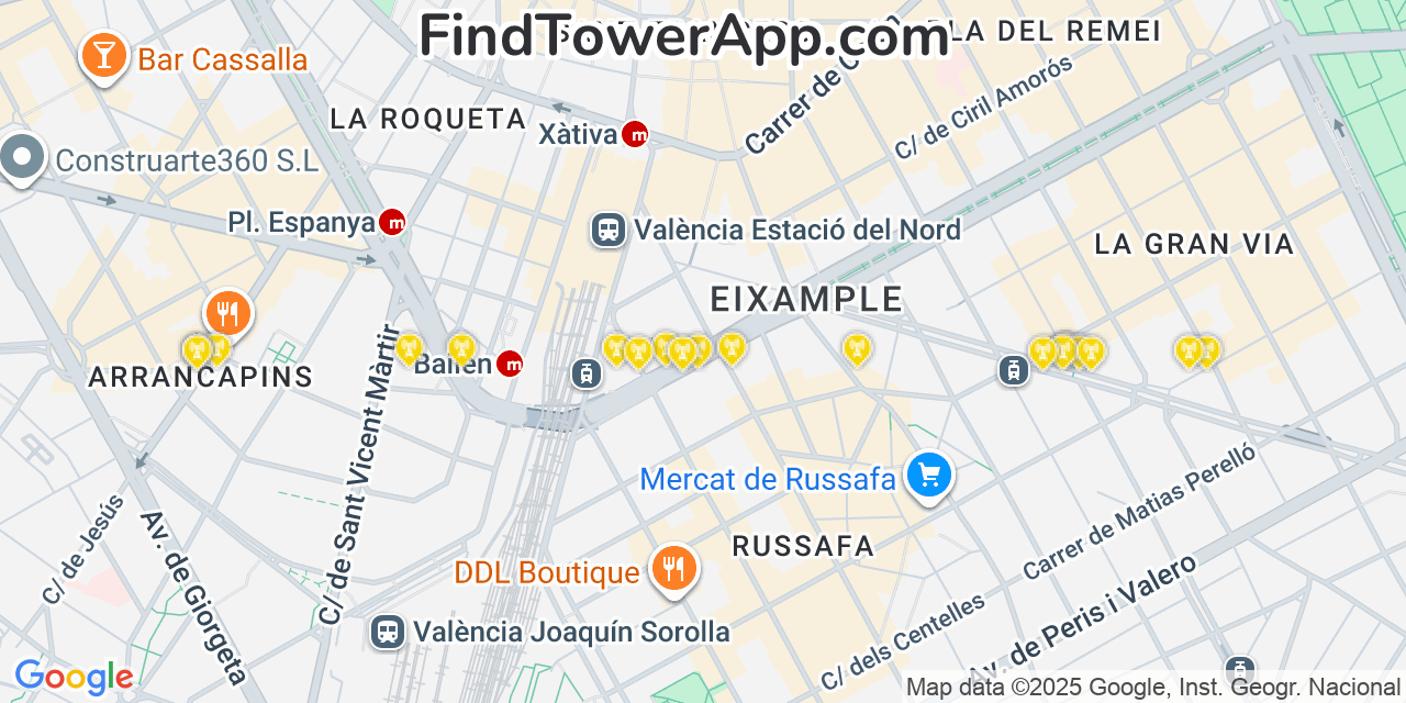 Map showing the 20 primary cell tower locations detected in Valencia, Spain with coverage areas and signal strength