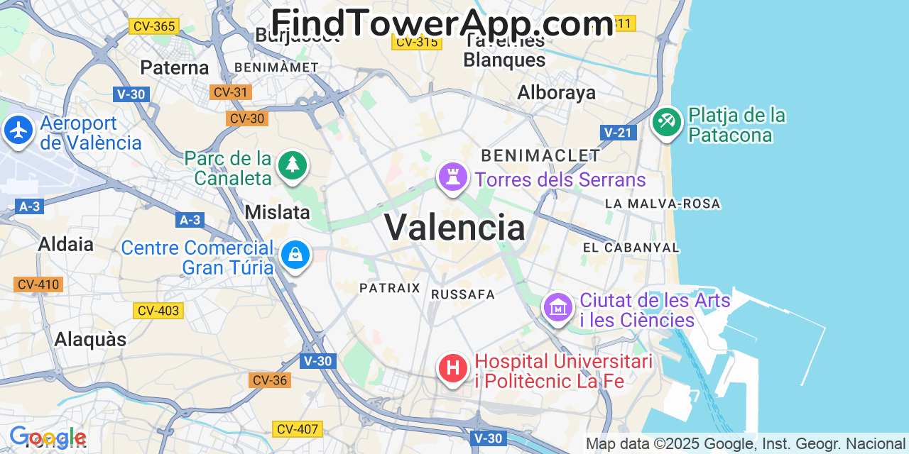Map showing the 0 primary Movistar cell tower locations detected in Valencia, Spain with coverage radius and signal strength indicators