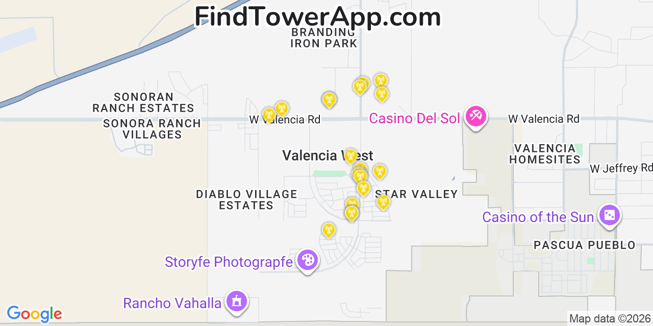 Map showing the 20 primary cell tower locations detected in Valencia West, Arizona from AT&T, Verizon, and T-Mobile networks