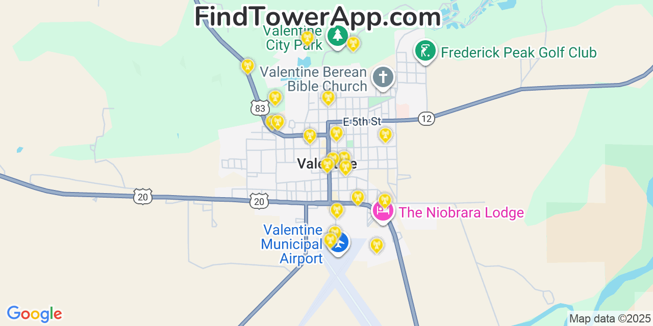 Map showing the 20 primary cell tower locations detected in Valentine, Nebraska from AT&T, Verizon, and T-Mobile networks