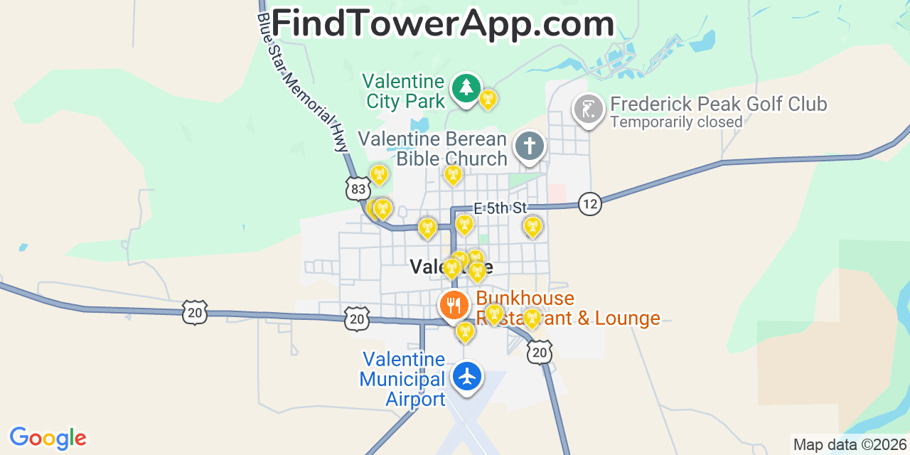 Map showing the 20 primary cell tower locations detected in Valentine, Nebraska from AT&T, Verizon, and T-Mobile networks
