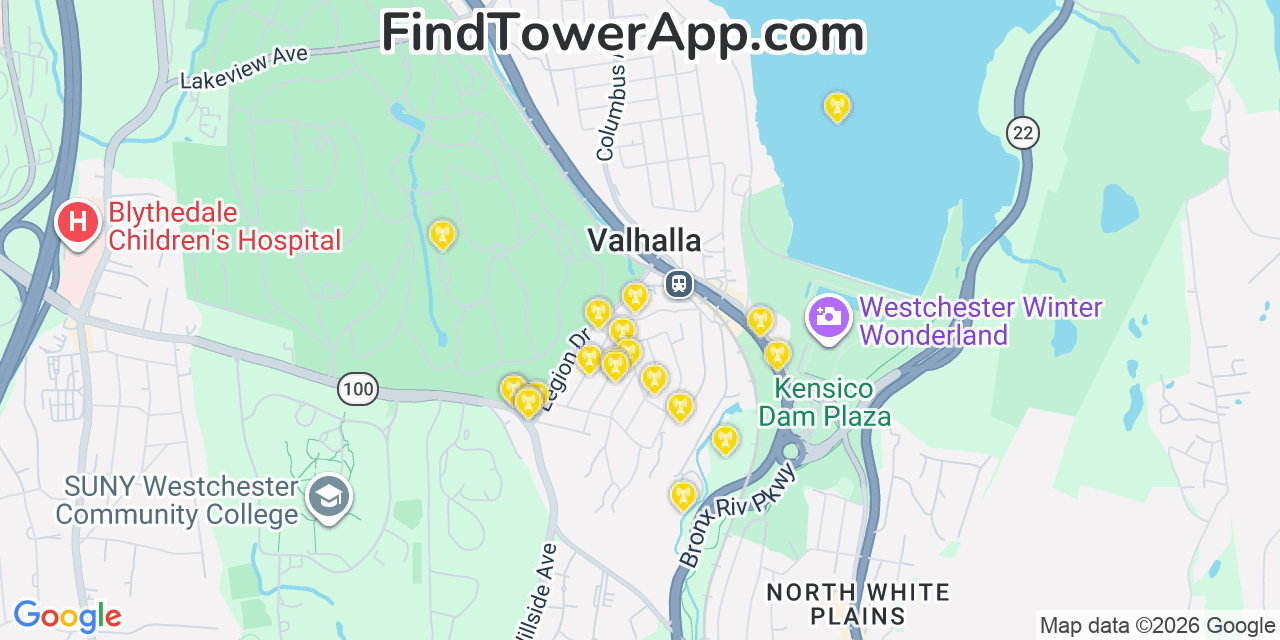 Map showing the 20 primary cell tower locations detected in Valhalla, New York from AT&T, Verizon, and T-Mobile networks