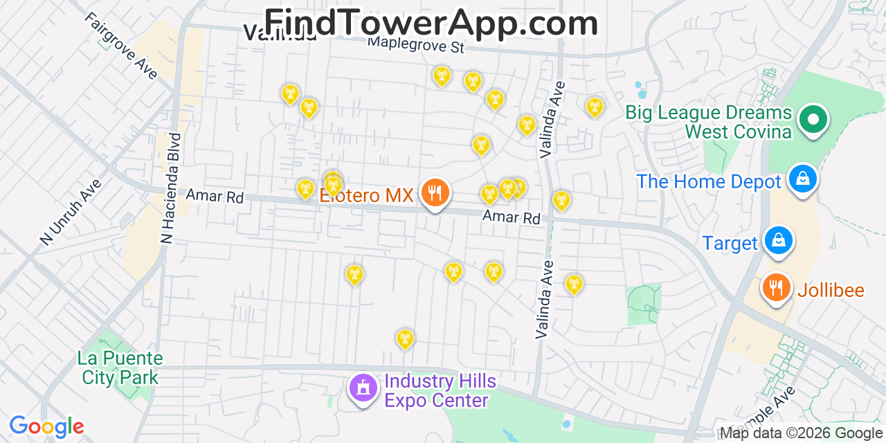 Map showing the 20 primary cell tower locations detected in Valinda, California from AT&T, Verizon, and T-Mobile networks