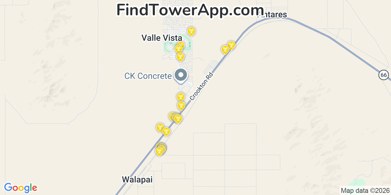 Map showing the 20 primary cell tower locations detected in Valle Vista, Arizona from AT&T, Verizon, and T-Mobile networks