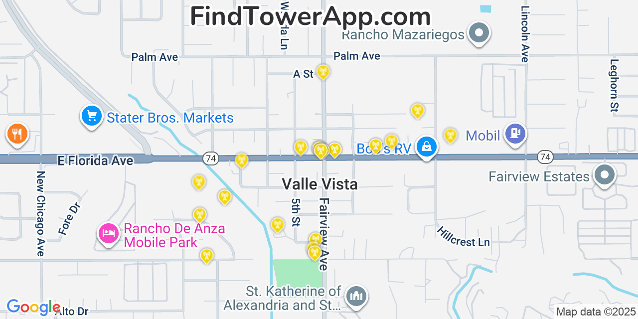 Map showing the 20 primary cell tower locations detected in Valle Vista, California from AT&T, Verizon, and T-Mobile networks