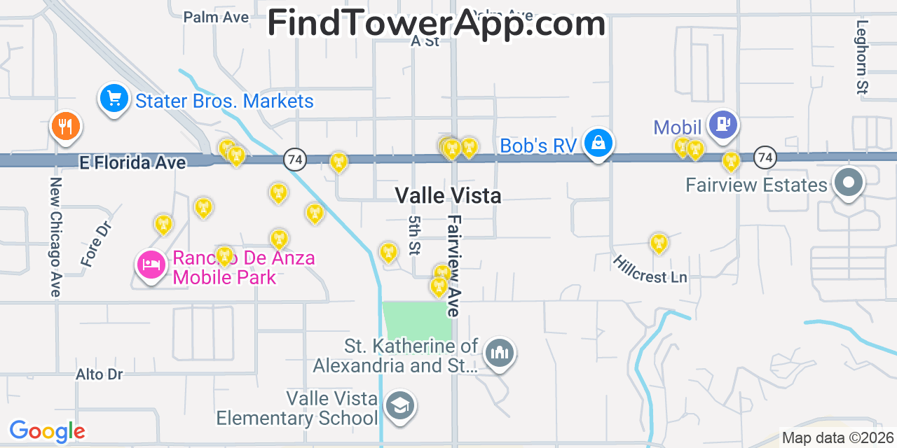 Map showing the 20 primary cell tower locations detected in Valle Vista, California from AT&T, Verizon, and T-Mobile networks