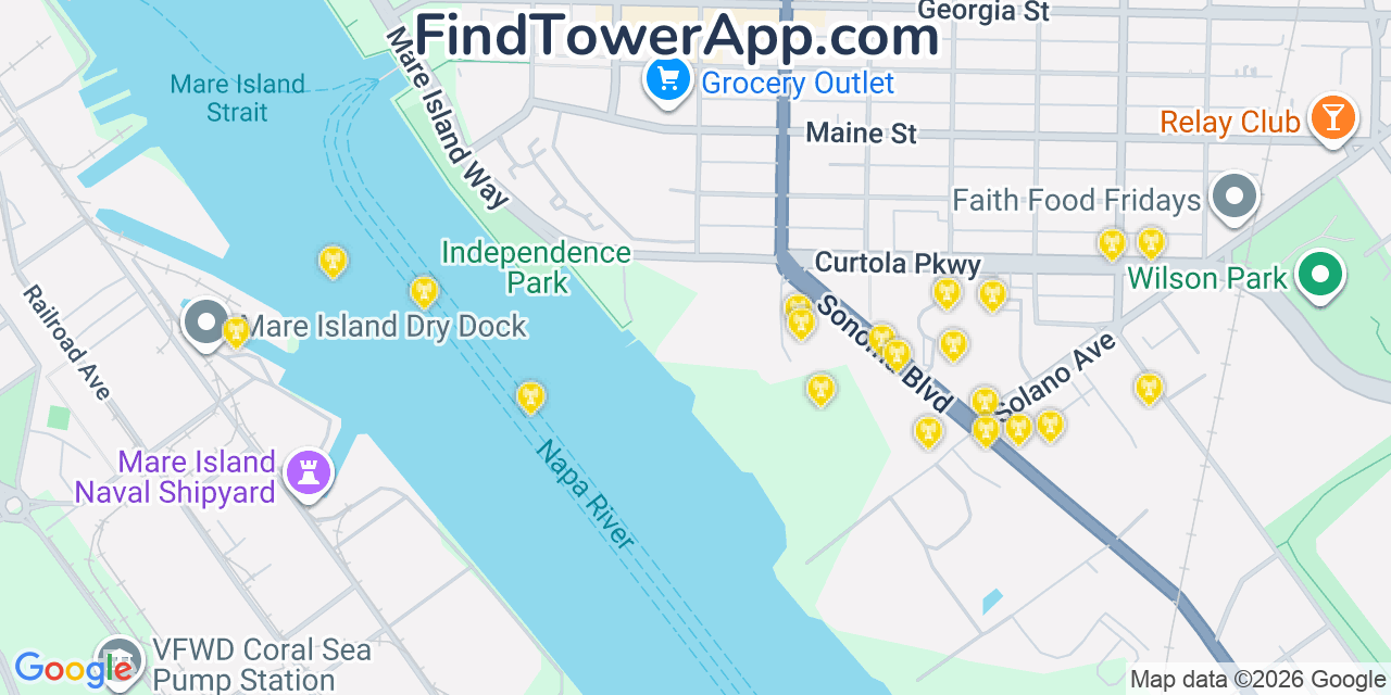 Map showing the 20 primary cell tower locations detected in Vallejo, California from AT&T, Verizon, and T-Mobile networks