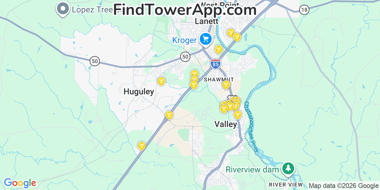 Map showing the 20 primary cell tower locations detected in Valley, Alabama from AT&T, Verizon, and T-Mobile networks