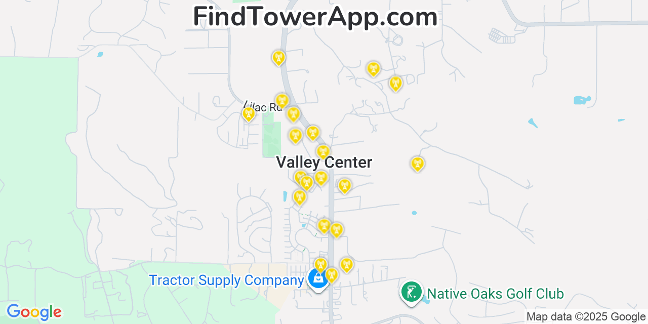 Map showing the 20 primary cell tower locations detected in Valley Center, California from AT&T, Verizon, and T-Mobile networks
