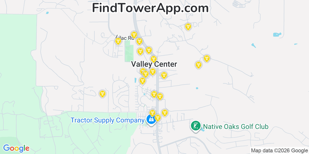 Map showing the 20 primary cell tower locations detected in Valley Center, California from AT&T, Verizon, and T-Mobile networks