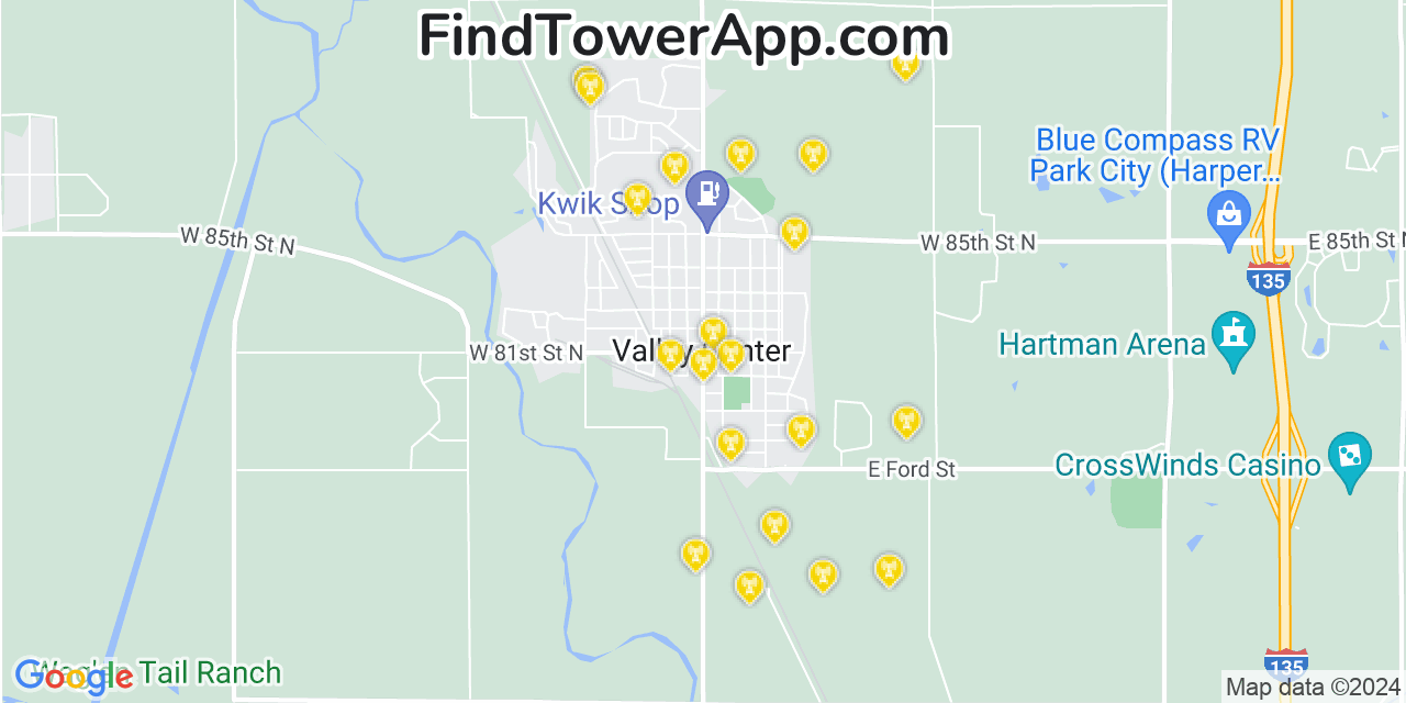 AT&T 4G/5G cell tower coverage map Valley Center, Kansas