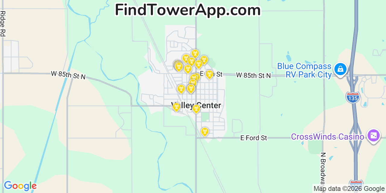 Map showing the 20 primary cell tower locations detected in Valley Center, Kansas from AT&T, Verizon, and T-Mobile networks