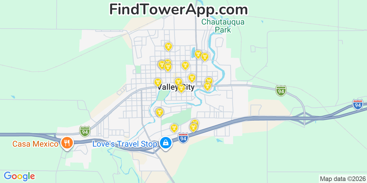 Map showing the 20 primary cell tower locations detected in Valley City, North Dakota from AT&T, Verizon, and T-Mobile networks