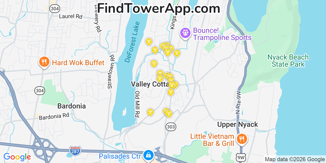 Map showing the 20 primary cell tower locations detected in Valley Cottage, New York from AT&T, Verizon, and T-Mobile networks