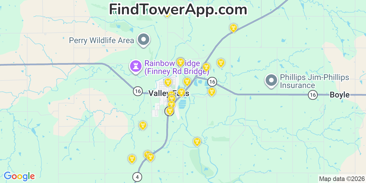 Map showing the 20 primary cell tower locations detected in Valley Falls, Kansas from AT&T, Verizon, and T-Mobile networks