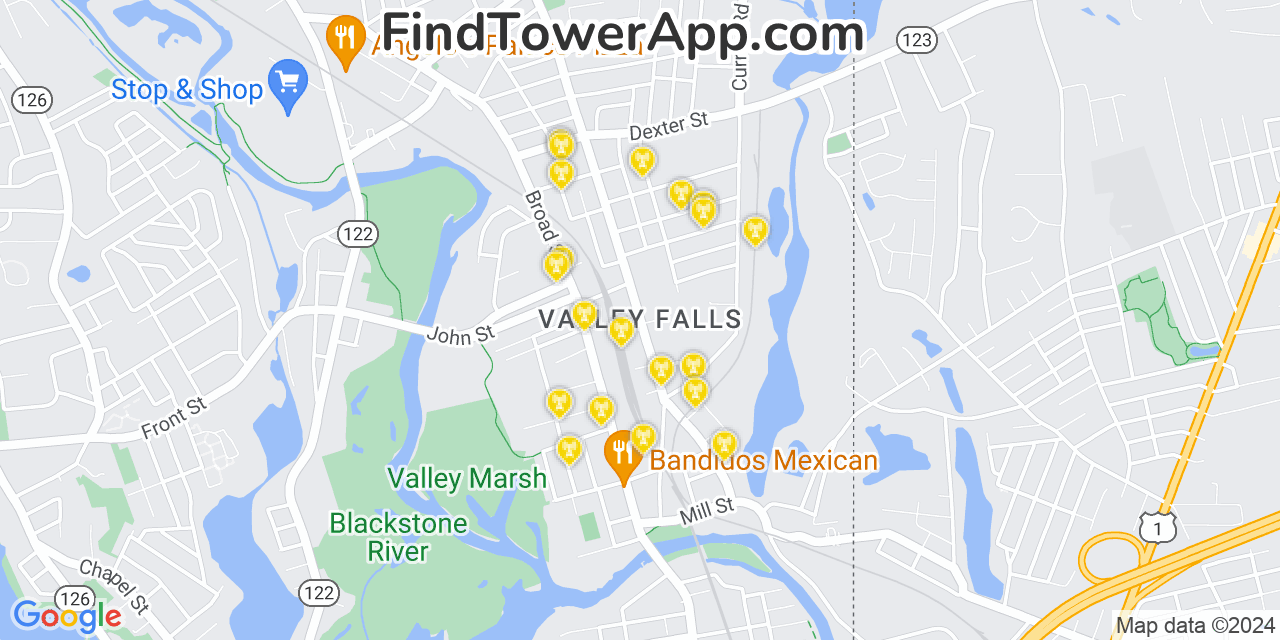 AT&T 4G/5G cell tower coverage map Valley Falls, Rhode Island