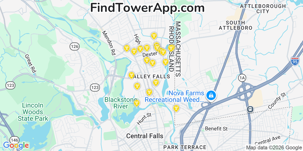 Map showing the 20 primary cell tower locations detected in Valley Falls, Rhode Island from AT&T, Verizon, and T-Mobile networks