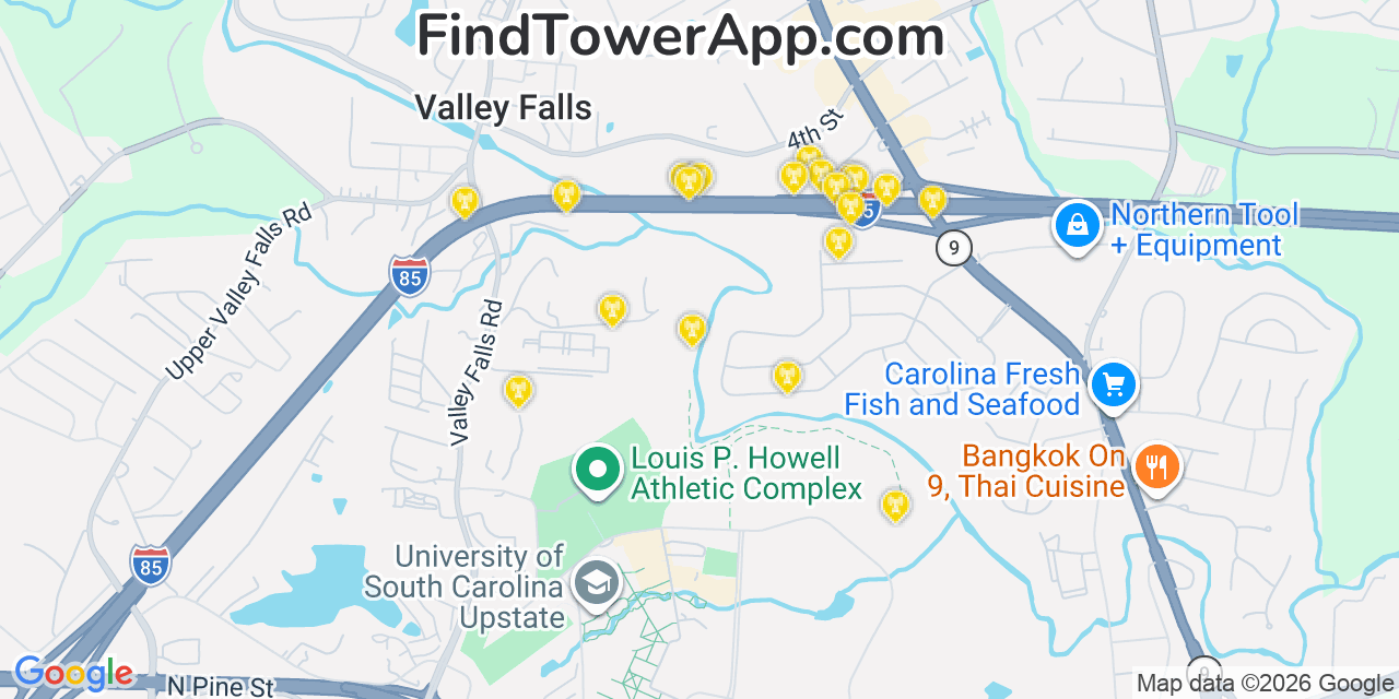 Map showing the 20 primary cell tower locations detected in Valley Falls, South Carolina from AT&T, Verizon, and T-Mobile networks