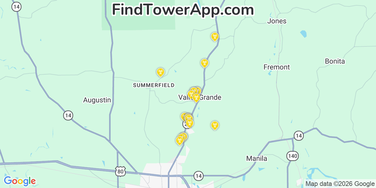 Map showing the 20 primary cell tower locations detected in Valley Grande, Alabama from AT&T, Verizon, and T-Mobile networks