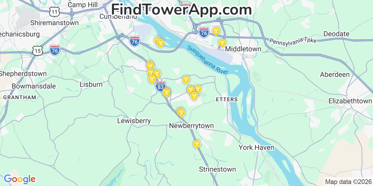 Map showing the 20 primary cell tower locations detected in Valley Green, Pennsylvania from AT&T, Verizon, and T-Mobile networks