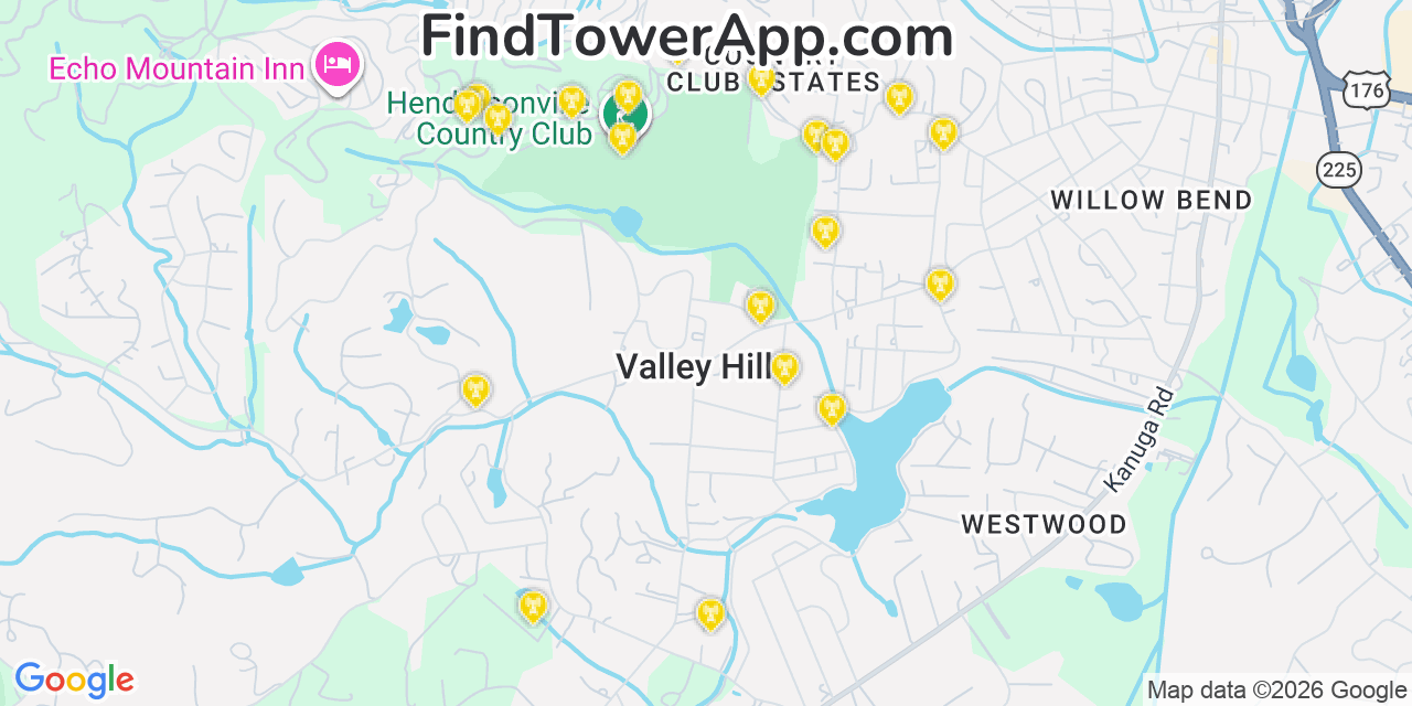 Map showing the 20 primary cell tower locations detected in Valley Hill, North Carolina from AT&T, Verizon, and T-Mobile networks