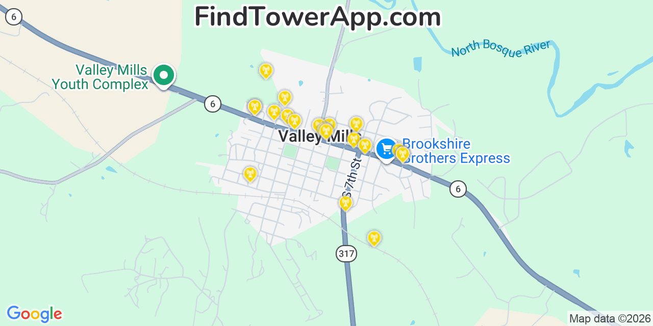Map showing the 20 primary cell tower locations detected in Valley Mills, Texas from AT&T, Verizon, and T-Mobile networks