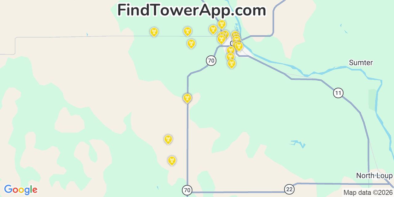 Map showing the 20 primary cell tower locations detected in Valley, Nebraska from AT&T, Verizon, and T-Mobile networks