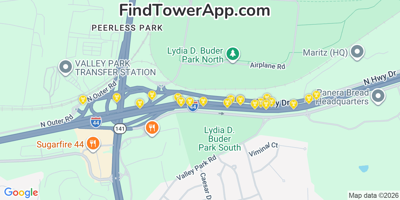 Map showing the 20 primary cell tower locations detected in Valley Park, Missouri from AT&T, Verizon, and T-Mobile networks