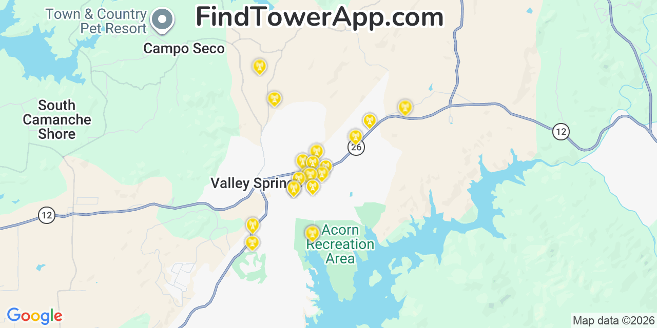 Map showing the 20 primary cell tower locations detected in Valley Springs, California from AT&T, Verizon, and T-Mobile networks