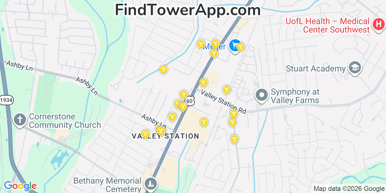 Map showing the 20 primary cell tower locations detected in Valley Station, Kentucky from AT&T, Verizon, and T-Mobile networks