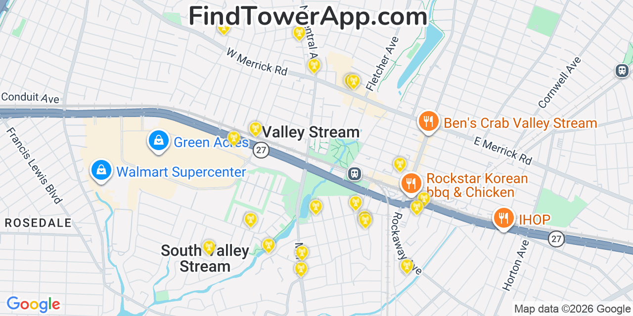 Map showing the 20 primary cell tower locations detected in Valley Stream, New York from AT&T, Verizon, and T-Mobile networks