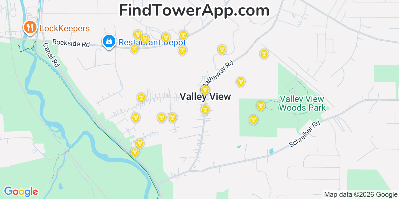 Map showing the 20 primary cell tower locations detected in Valley View, Ohio from AT&T, Verizon, and T-Mobile networks