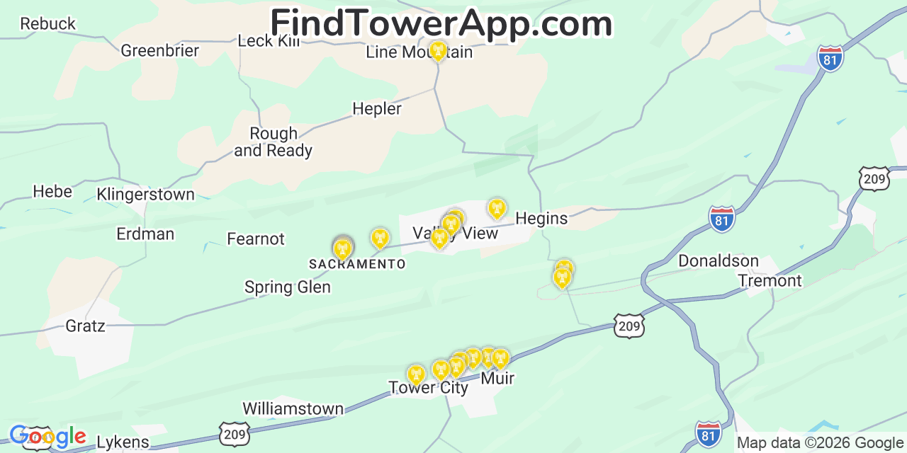Map showing the 20 primary cell tower locations detected in Valley View, Pennsylvania from AT&T, Verizon, and T-Mobile networks