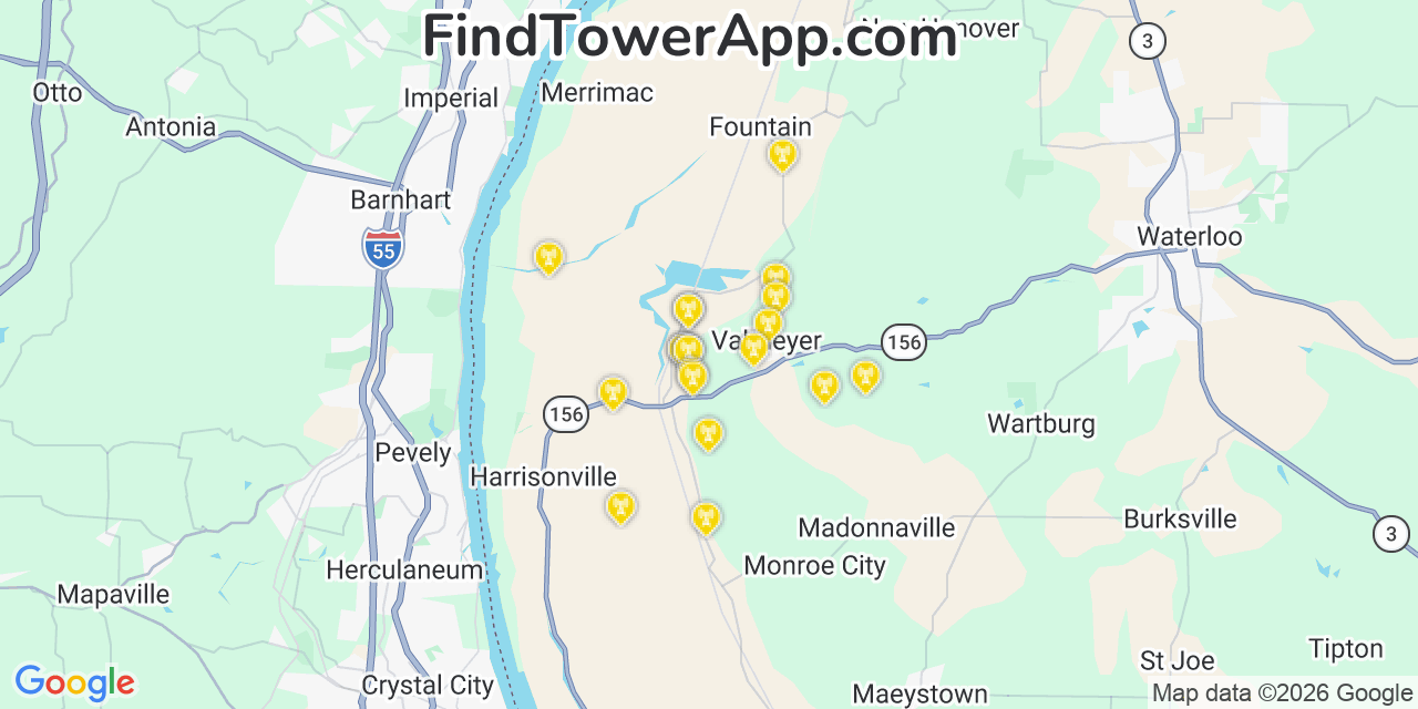 Map showing the 20 primary cell tower locations detected in Valmeyer, Illinois from AT&T, Verizon, and T-Mobile networks