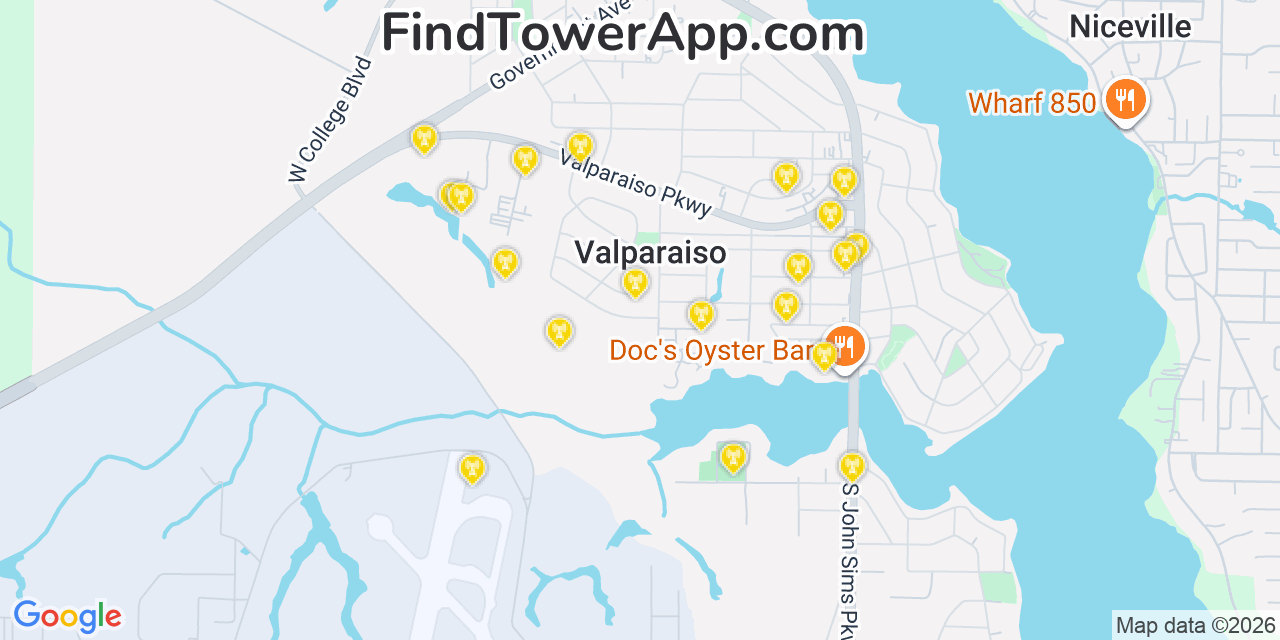 Map showing the 20 primary cell tower locations detected in Valparaiso, Florida from AT&T, Verizon, and T-Mobile networks