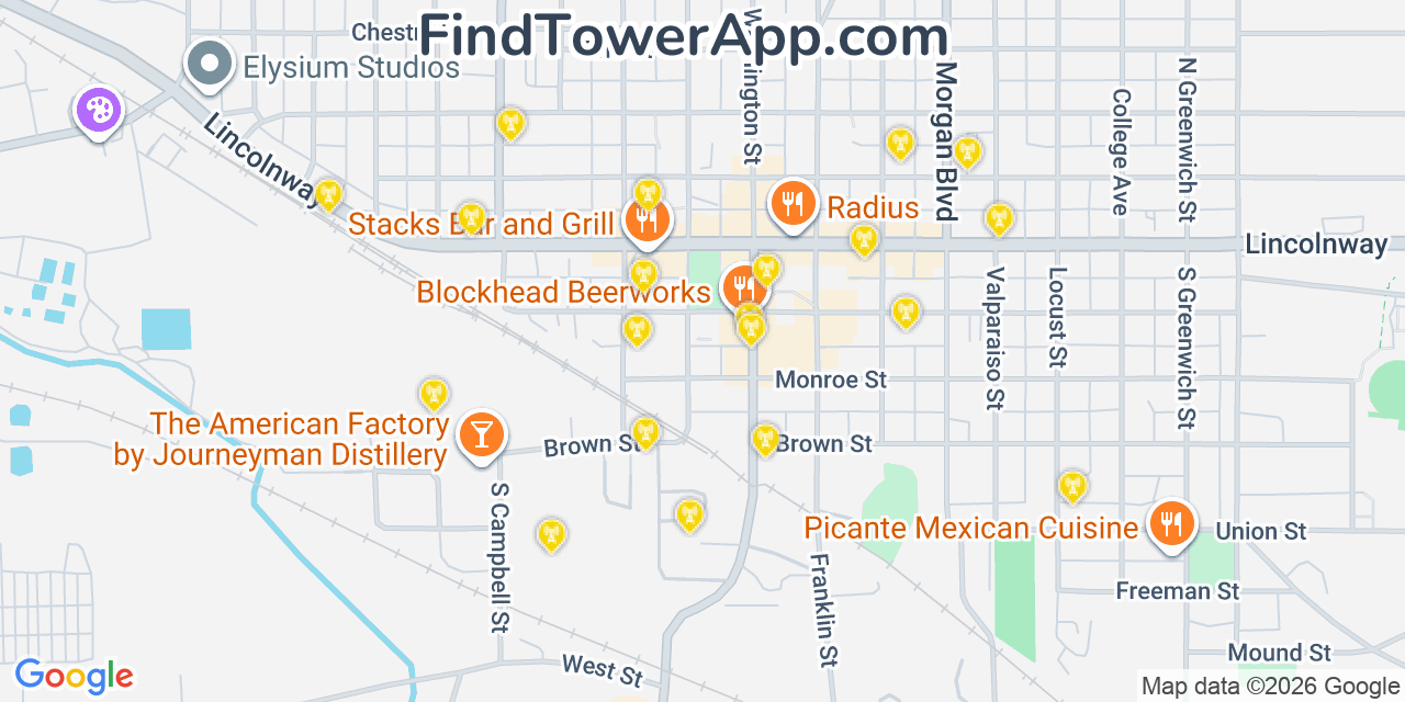 Map showing the 20 primary cell tower locations detected in Valparaiso, Indiana from AT&T, Verizon, and T-Mobile networks