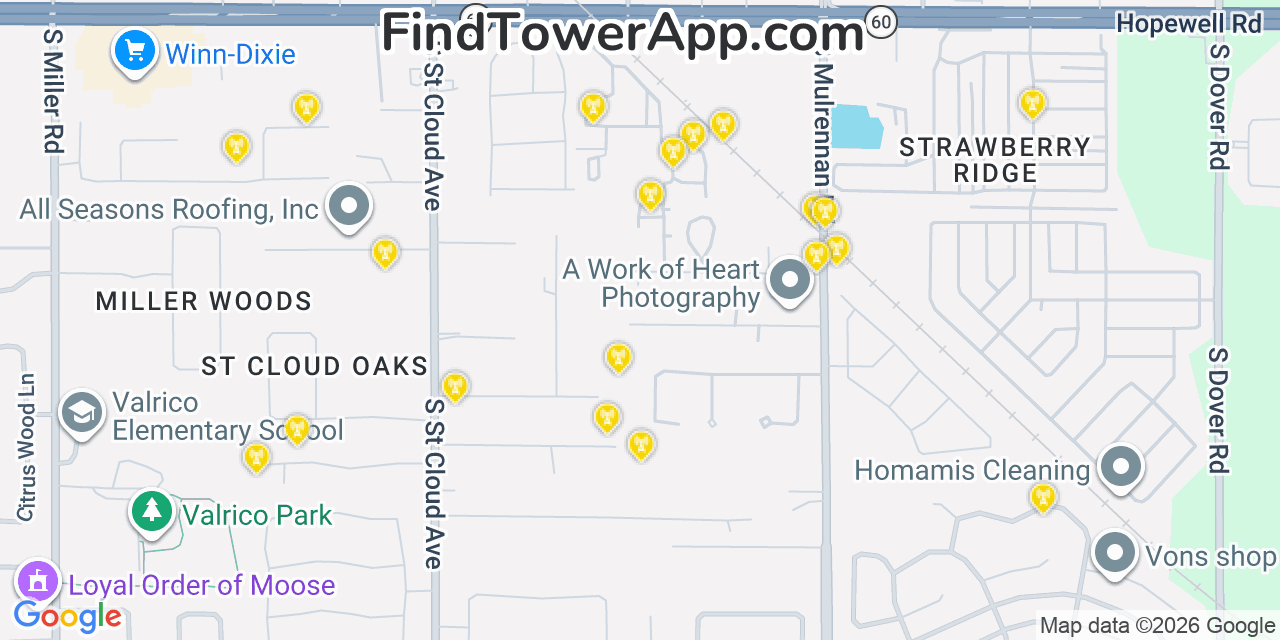 Map showing the 20 primary cell tower locations detected in Valrico, Florida from AT&T, Verizon, and T-Mobile networks