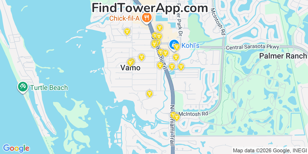 Map showing the 20 primary cell tower locations detected in Vamo, Florida from AT&T, Verizon, and T-Mobile networks