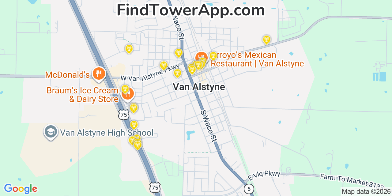 Map showing the 20 primary cell tower locations detected in Van Alstyne, Texas from AT&T, Verizon, and T-Mobile networks