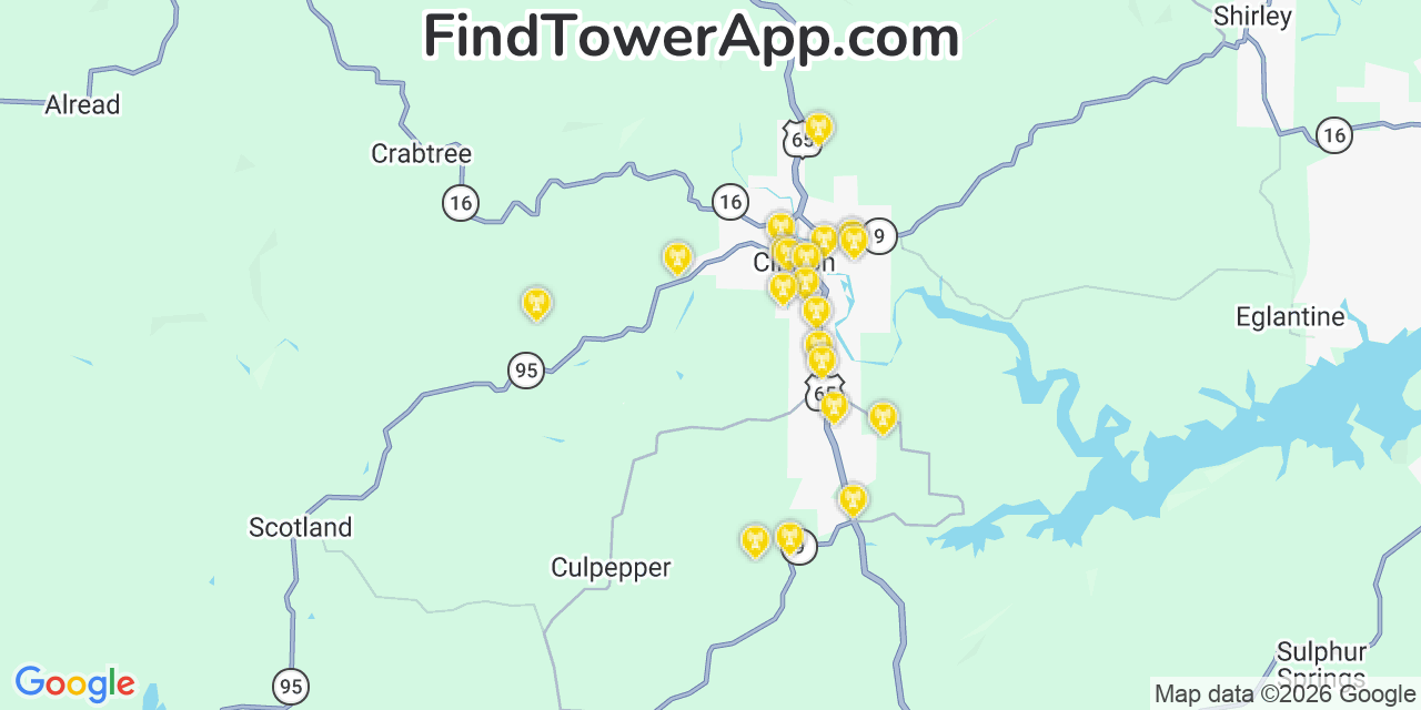 Map showing the 20 primary cell tower locations detected in Van Buren, Arkansas from AT&T, Verizon, and T-Mobile networks