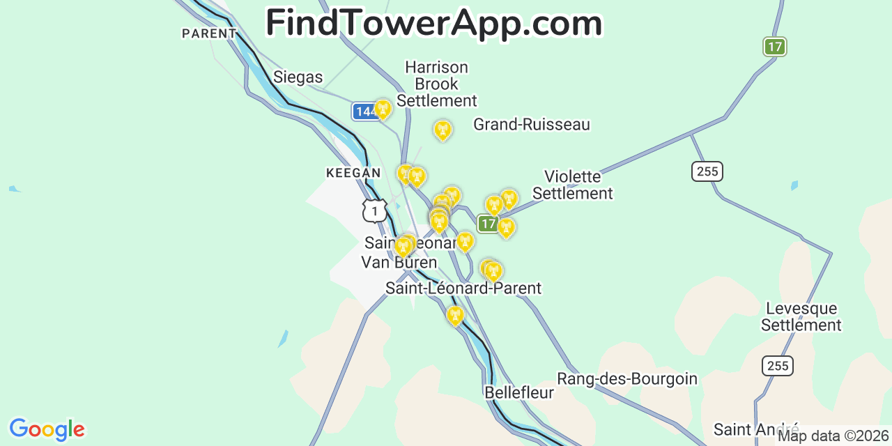 Map showing the 20 primary cell tower locations detected in Van Buren, Maine from AT&T, Verizon, and T-Mobile networks