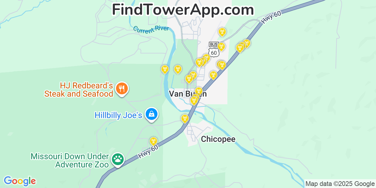 Map showing the 20 primary cell tower locations detected in Van Buren, Missouri from AT&T, Verizon, and T-Mobile networks