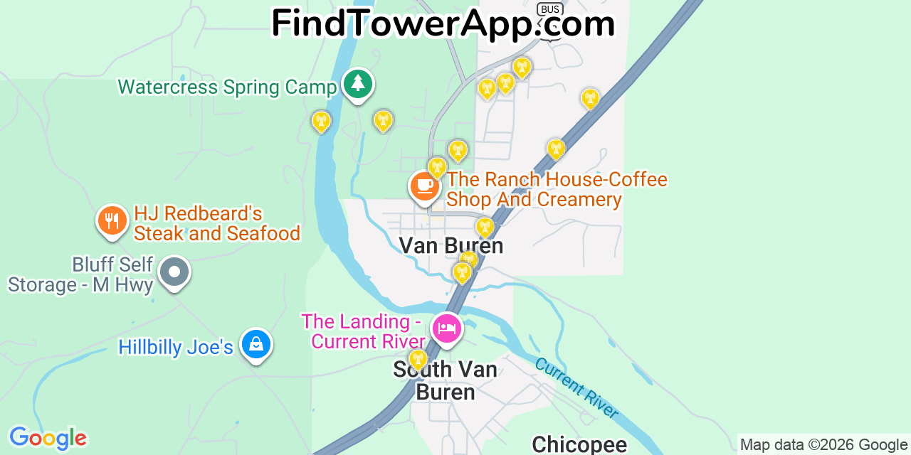 Map showing the 20 primary cell tower locations detected in Van Buren, Missouri from AT&T, Verizon, and T-Mobile networks