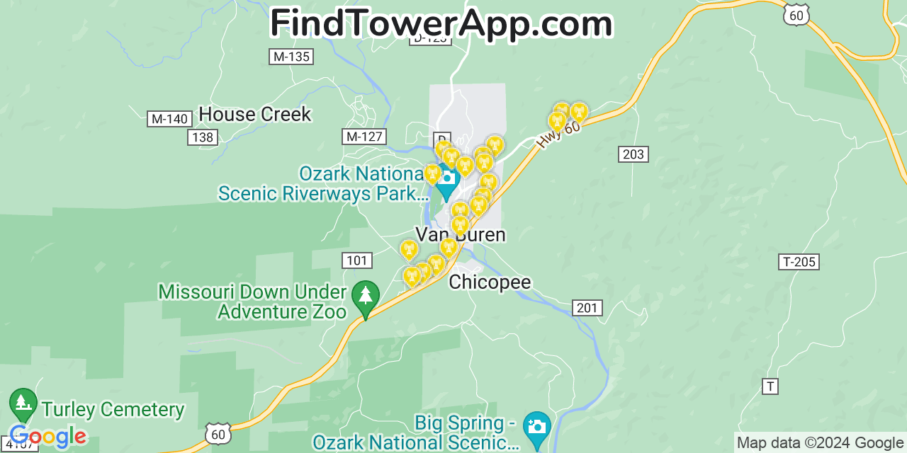 Verizon 4G/5G cell tower coverage map Van Buren, Missouri