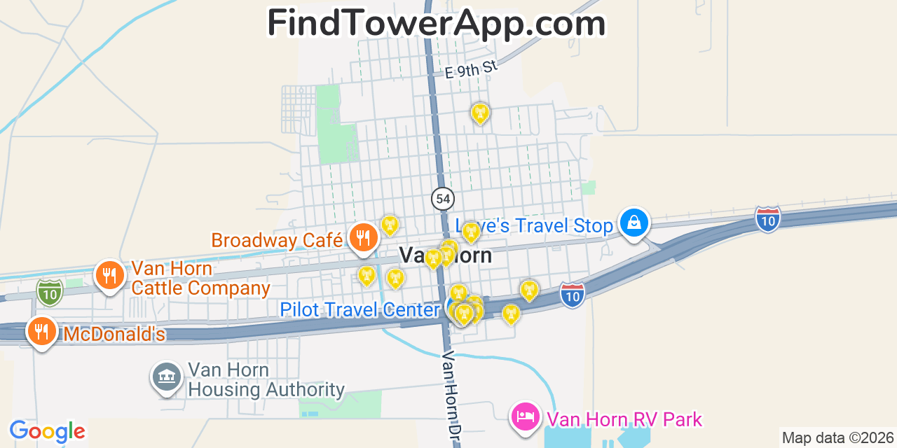 Map showing the 20 primary cell tower locations detected in Van Horn, Texas from AT&T, Verizon, and T-Mobile networks