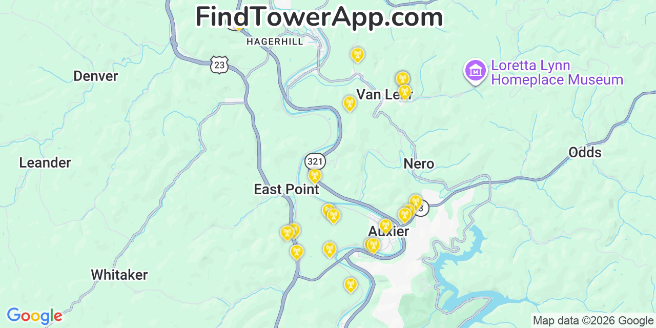 Map showing the 20 primary cell tower locations detected in Van Lear, Kentucky from AT&T, Verizon, and T-Mobile networks